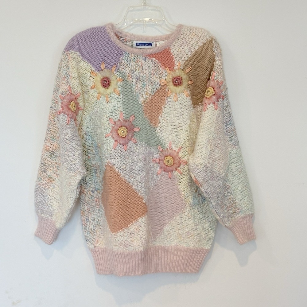 VTG Mariea Kim Floral Sweater Womens L Pastel Cottagecore Fairy Chunky Y2K 90s